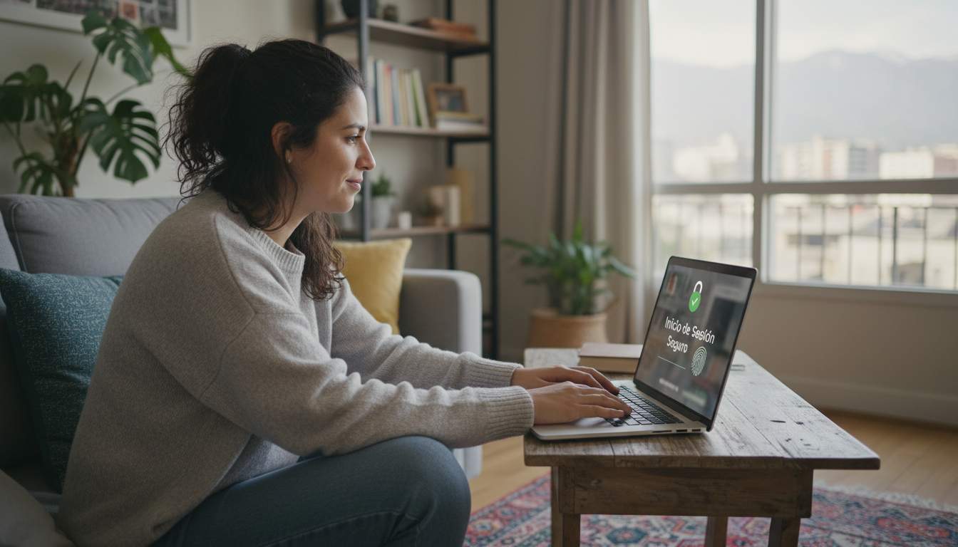 Mujer chilena usando computadora para iniciar sesión en el casino